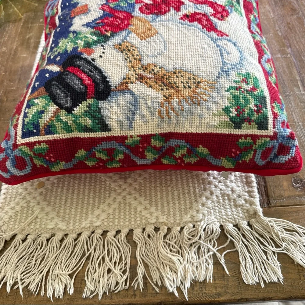 Snowman Wool Vintage Needlepoint Holiday Pillow - Red, Blue, Green